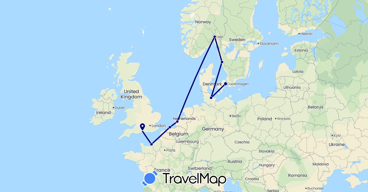 TravelMap itinerary: driving in Belgium, Germany, Denmark, France, United Kingdom, Netherlands, Norway, Sweden (Europe)